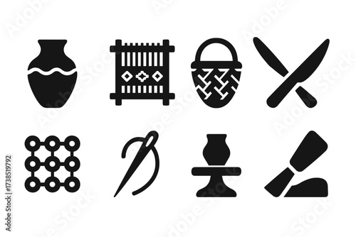Ethnic Crafts Icon Set. Solid, filled icon set of ethnic tools and crafts: pottery, weaving loom, basket, carving knife, beadwork, sewing needle, pottery