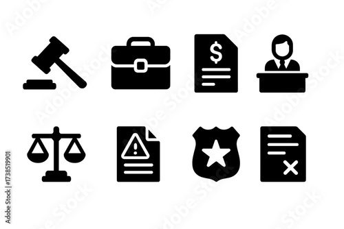 Legal Action Icons. Solid, filled icon set of late payment legal actions: court gavel, lawyer briefcase, legal document, judge's bench, scales of justice,