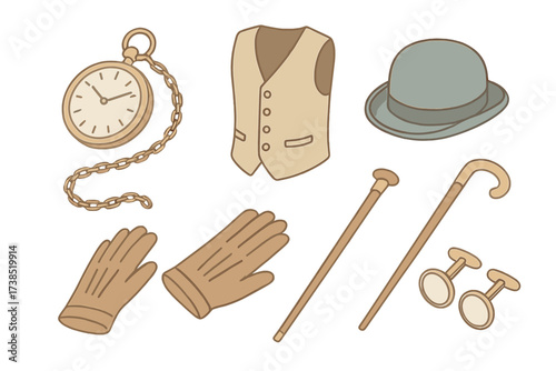 Gentleman's Accessories Icons. Isometric vector illustration set Gentleman’s accessories: pocket watch with chain, waistcoat,