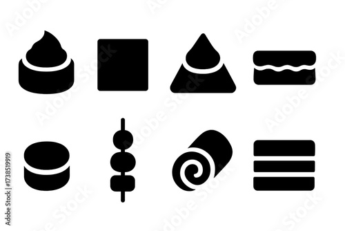 Appetizer Icon Set. Solid, filled icon set of appetizer shapes: round, square, triangle, rectangle, bite-size, skewered, rolled, layered. Line icons in only