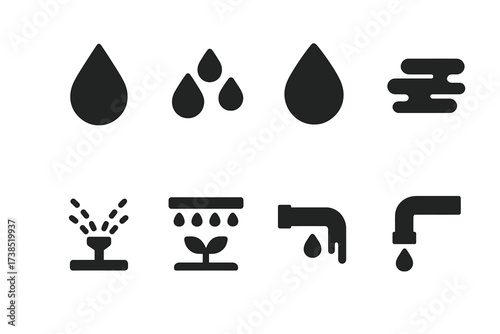 Moisture Source Icons. Solid, filled icon set of moisture sources: raindrop, dew, water droplet, fog, mist, sprinkler, irrigation, water pipe. Solid, filled