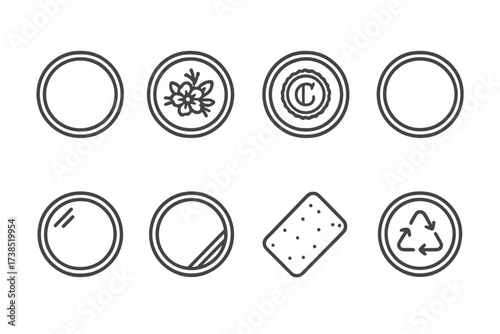 Balm Tin Icon Set. Outline icon set of balm tin packaging design: minimalist label, floral pattern, vintage logo, clear window, metallic finish, matte finish,