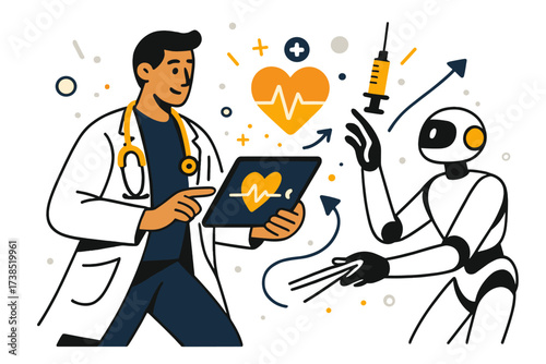 Futuristic Healthcare Scene. AI in healthcare. Doctor holding a glowing tablet with digital heart and pulse lines floating out. Robotic assistant gently