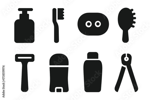 Personal Care Icons. Solid, filled icon set of personal care items: lotion bottle, toothbrush, soap bar, hairbrush, razor, deodorant, shampoo, nail clippers.