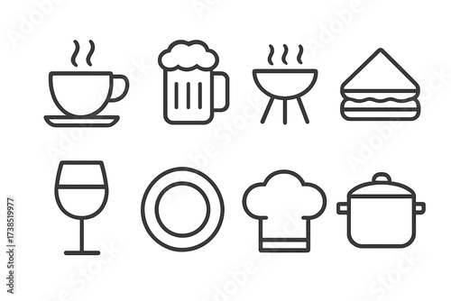 Uncle's Food Icons. Outline icon set of uncle?s food and drink: coffee cup, beer mug, barbecue grill, sandwich, wine glass, plate, chef hat, cooking pot. Line