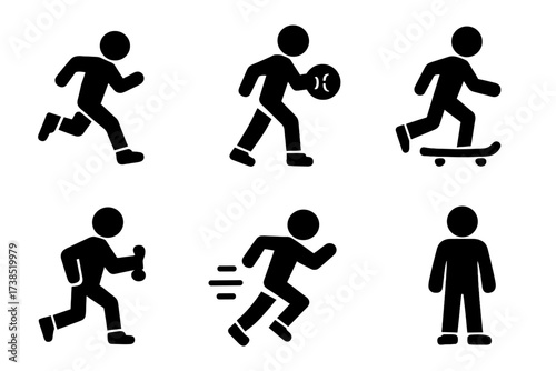 Sneaker Activity Icons. Solid, filled icon set of sneaker activities: running, walking, basketball, skateboarding, gym workout, jogging, sprinting, casual