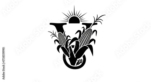 Monochrome agricultural logo depicting corn stalks with stylized sun rising, modern design