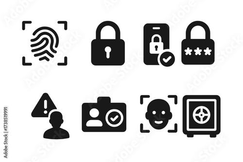 Security Icon Set. Solid, filled icon set of account security: fingerprint scan, lock icon, two-factor authentication, password padlock, fraud alert, ID