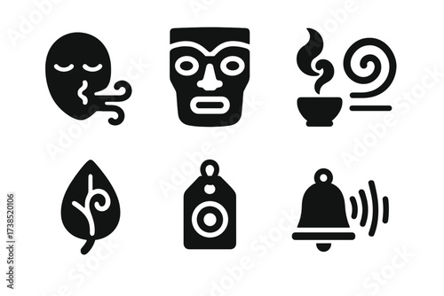 Spirit Wind Icons. Solid, filled icon set of spirit wind: spirit face, ancient mask, ritual smoke, air spiral, sacred leaf, floating charm, bell echo, voice