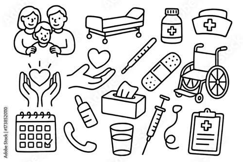 Caregiving Essentials Icons. Hand-drawn doodle illustration Family caregiving essentials supportive family members, hospital bed, medicine bottle, nurse hat,