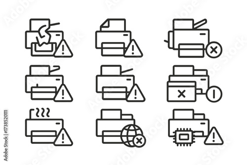 Copier Error Icons. Outline icon set of copier error indicators: paper jam, low toner, door open, out of paper, overheating, system error, network error, low