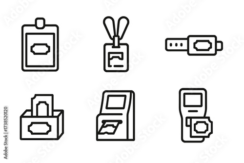 Ticket Accessories Icons. Outline icon set of ticket accessories: ticket holder, lanyard, wristband, ticket envelope, ticket box, ticket dispenser, ticket