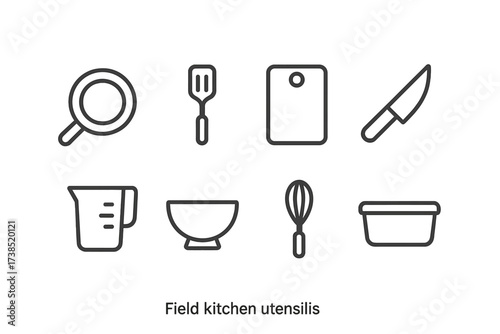 Field Kitchen Utensils Icons. Outline icon set of field kitchen utensils: frying pan, spatula, cutting board, knife, measuring cup, soup bowl, whisk, storage