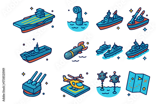 Naval Advance Icons. Naval advance. Colorful isometric vector icons set of naval advance: aircraft carrier, destroyer ship, submarine periscope, missile