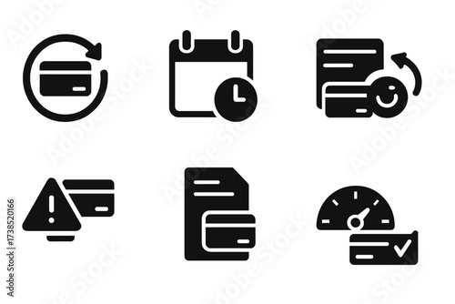Credit Payment Icons. Solid, filled icon set of credit payment: billing cycle, due date icon, paid invoice, auto debit symbol, late fee warning, statement