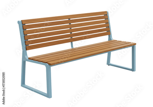 Wooden outdoor bench with light blue metal frame isolated, modern garden furniture for patio or park, PNG format