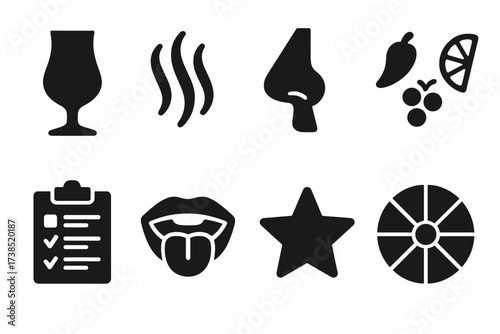 Tequila Tasting Icons. Solid, filled icon set of tequila tasting and aroma: tasting glass, aroma waves, nose sniffing, flavor notes, score sheet, palate,