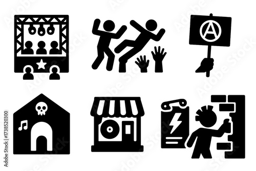 Punk Culture Icons. Solid, filled icon set of punk events and culture: concert stage, mosh pit, crowd surfing, protest sign, underground club, record store,
