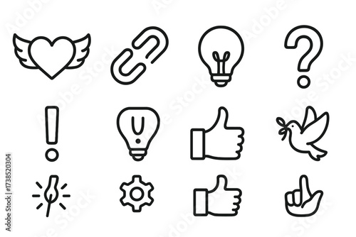 Icon Sets Collection. Outline icon set of bedtime storybook: moon and stars, sleeping child, night lamp, cozy blanket, storybook, teddy bear, lullaby music