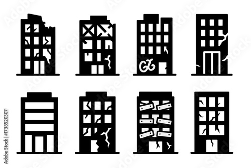 Abandoned Skyscraper Icons. Solid, filled icon set of abandoned skyscraper: shattered glass, rusted beams, missing panels, broken elevators, empty floors,