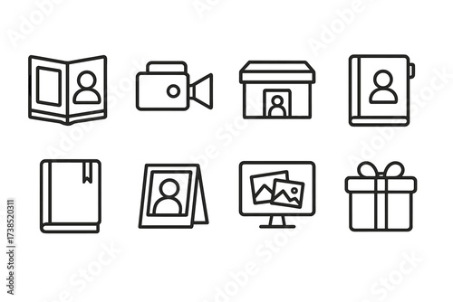 Reunion Memories Icons. Outline icon set of reunion memories: photo album, video camera, memory box, scrapbook, journal, photo frame, slideshow, gift box. Line