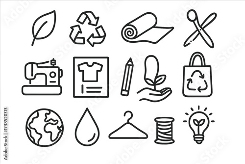 Sustainable Fashion Icons. Hand-drawn doodle illustration Sustainable fashion design leaf, recycling symbol, fabric roll, scissors, sewing machine, blueprint,