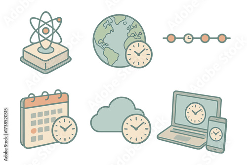 Global Time Systems. Isometric vector illustration set Global time systems: atomic clock, world globe, timeline, calendar,