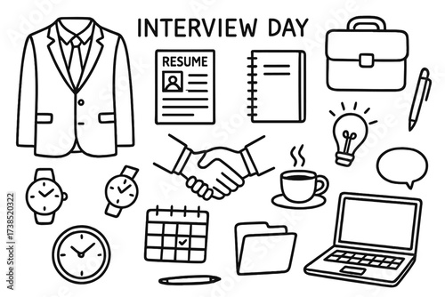 Interview Essentials Icons. Hand-drawn doodle illustration Interview day essentials suit, tie, resume, briefcase, notebook, pen, watch, handshake, coffee cup,