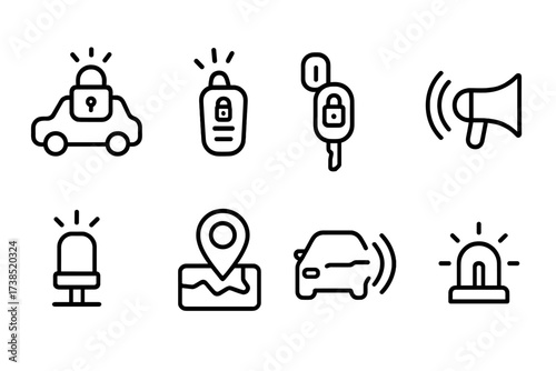 Vehicle Alarm Icons. Outline icon set of vehicle alarms: car alarm, key fob, immobilizer, horn, alarm sensor, GPS tracking, remote start, warning light. Line