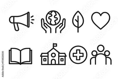 Foundation Impact Icons. Outline icon set of foundation outreach and impact: megaphone, hands holding globe, leaf, heart, open book, school, healthcare cross,