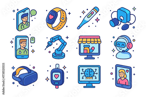 Isometric Healthcare Tech Icons. Healthcare tech. Colorful isometric vector icons set of healthcare tech: telemedicine call, wearable fitness tracker, digital