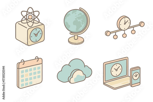 Global Time Systems. Isometric vector illustration set Global time systems: atomic clock, world globe, timeline, calendar,