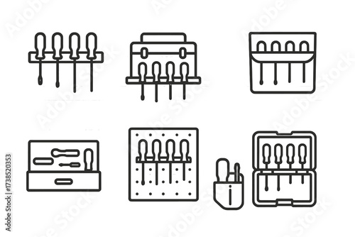 Tool Storage Icons. Outline icon set of screwdriver storage: tool rack, toolbox, magnetic strip, pouch, drawer organizer, pegboard, belt holster, case. Line
