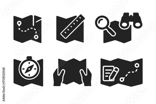 Map Reading Icons. Solid, filled icon set of map reading techniques: route planning, distance measuring, bearing calculation, landmark spotting, compass
