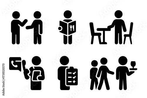 Host Duties Icons. Solid, filled icon set of host duties: greeting guests, handing out menus, assigning tables, confirming reservations, answering phone,