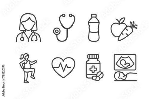 Pregnancy Health Icons. Outline icon set of pregnancy health: doctor, stethoscope, water bottle, healthy food, exercise, heart rate, medication, prenatal
