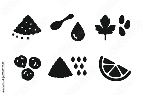 Hummus Toppings Icons. Solid, filled icon set of hummus toppings: paprika powder, olive oil drizzle, parsley leaves, pine nuts, roasted chickpeas, sumac spice,