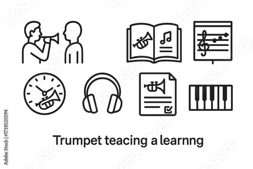 Trumpet Education Icons. Outline icon set of trumpet teaching and learning: teacher, student, music book, scale chart, practice clock, lesson plan, headphones,