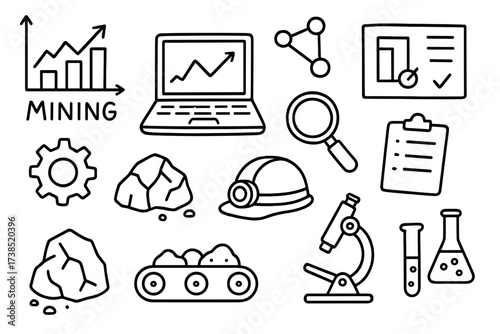 Mining Analysis Icons. Hand-drawn doodle illustration Mining data analysis chart, laptop, magnifying glass, molecule, blueprint, clipboard, gear, rock, ore