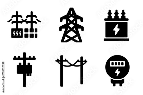 Power Network Icons. Solid, filled icon set of power network: power grid, transmission tower, substation, transformer, electric pole, high voltage lines, power