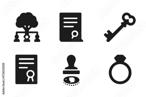 Inheritance Icon Set. Solid, filled icon set of inheritance symbols: family tree, will document, treasure chest, antique key, legal contract, seal stamp, old