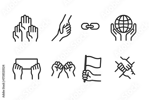 Solidarity Icon Set. Outline icon set of support and solidarity: raised hands holding, helping hand lifting, hands holding chain, hands holding globe, hands