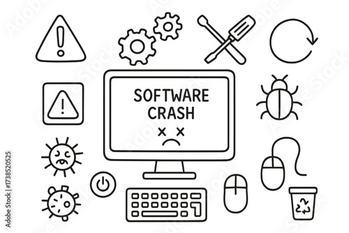 Software Crash Doodle. Hand-drawn doodle illustration software crash error message, blue screen, warning triangle, sad face, gears, computer screen, keyboard,