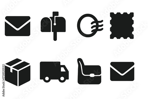 Mail System Icons. Solid, filled icon set of mail system: envelope, mailbox, postmark, postage stamp, parcel box, postal truck, courier bag, letter. [Line