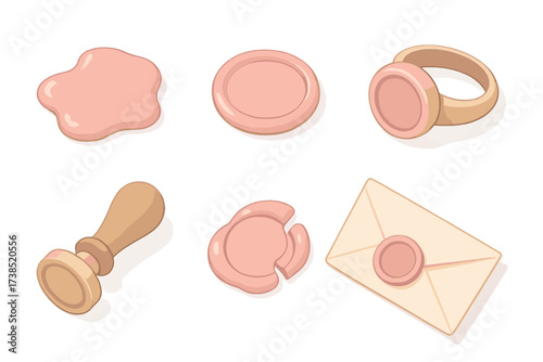 Wax Seals Collection. Isometric vector illustration set Wax impression details: melted wax puddle, round seal mark, signet ring,