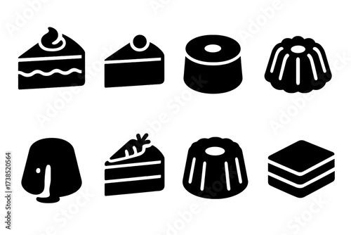 Cake Icon Collection. Solid, filled icon set of cake types: sponge cake, mousse cake, chiffon cake, bundt cake, lava cake, carrot cake, angel food cake,