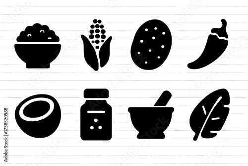 Ethnic Cuisine Icons. Solid, filled icon set of ethnic cuisine: bowl of rice, corn, flatbread, chili pepper, coconut, spice jar, mortar and pestle, banana