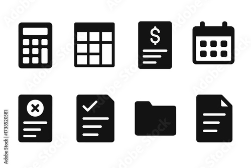 Financial Toolkit Icons. Solid, filled icon set of financial trouble tools: calculator, spreadsheet, budget planner, calendar, credit report, checklist, file