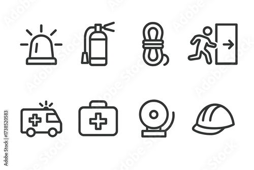 Emergency Icons Set. Outline icon set of emergency response: siren light, fire extinguisher, rescue rope, emergency exit, ambulance, medical kit, alarm bell,