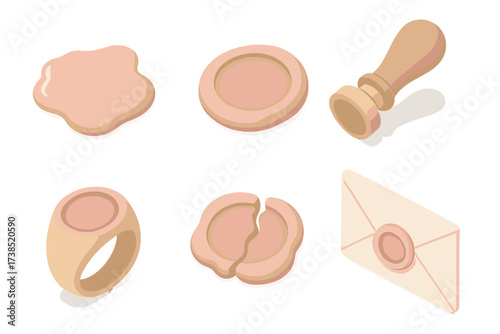 Wax Seals Collection. Isometric vector illustration set Wax impression details: melted wax puddle, round seal mark, signet ring,
